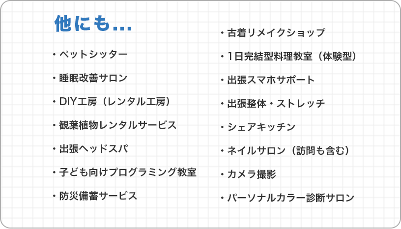 他にも...ペットシッター
        睡眠改善サロン
        DIY工房（レンタル工房）
        観葉植物レンタルサービス
        出張ヘッドスパ
        子ども向けプログラミング教室
        防災備蓄サービス
        古着リメイクショップ
        1日完結型料理教室（体験型）
        出張スマホサポート
        出張整体・ストレッチ
        シェアキッチン
        ネイルサロン（訪問も含む）
        カメラ撮影
        パーソナルカラー診断サロン
        