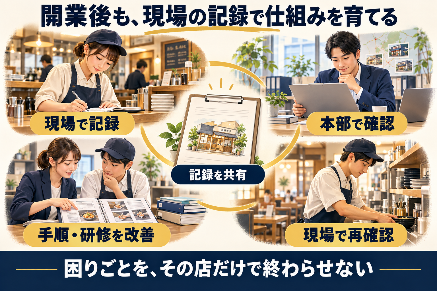 加盟店の営業記録を本部が確認し、手順と研修を改善して現場で再確認する循環。記録と担当を共有して改善を続ける。