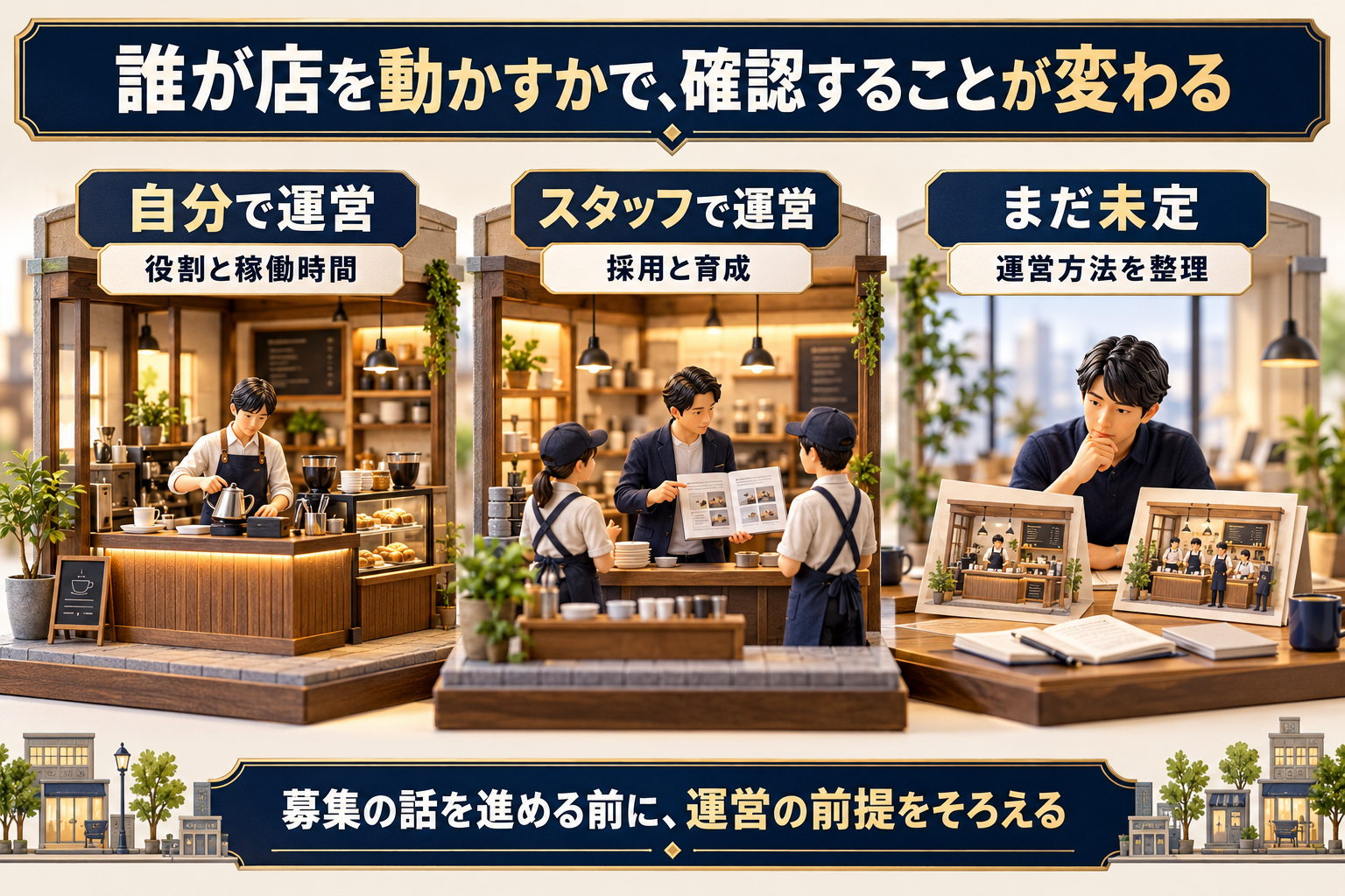 加盟希望者が自分で店に立つか、スタッフに任せるか、まだ決めていないかを確認する。回答に応じて担当業務、人件費と研修、運営体制の整理へ進み、前提が不明なら試算を確定しない。