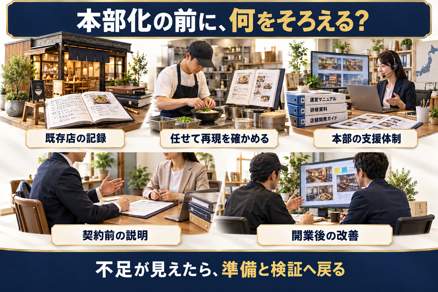 既存店の整理から再現性の検証、本部機能の準備、契約前の説明、開業後の運営へ進む。各段階で根拠を残し、未解決の課題は前の段階へ戻して直す。