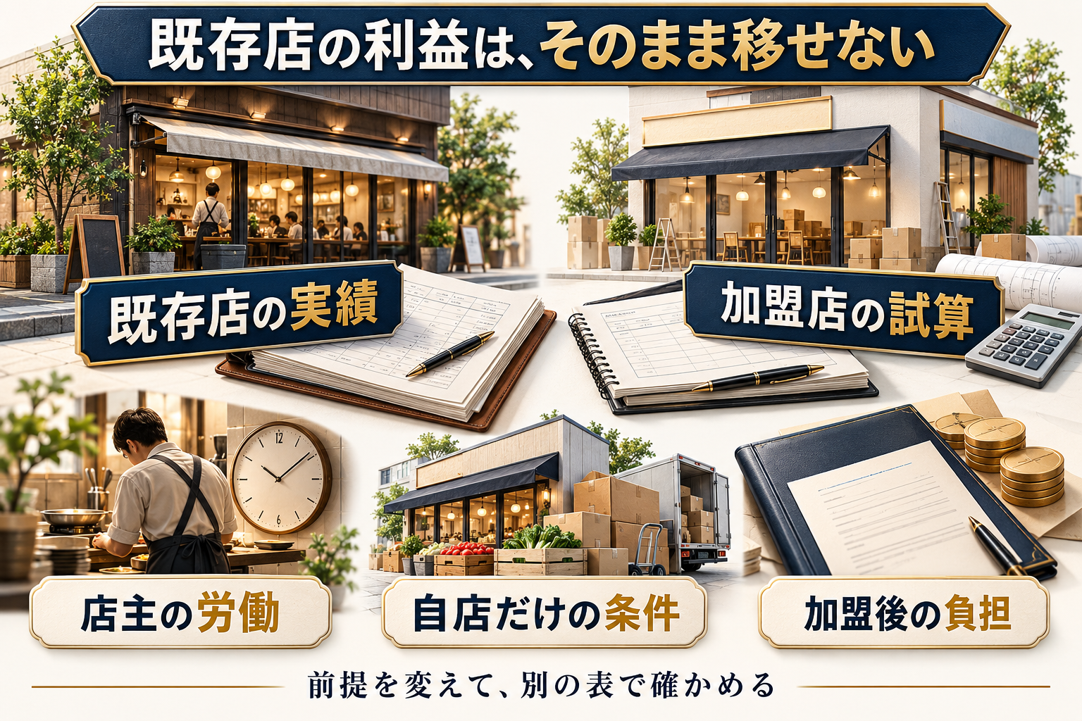 既存店の実績から、店主の労働、自店固有の家賃と仕入れ、本部への支払いを確認し、加盟店の条件を置いた試算を別に作る。実績と試算は混ぜない。