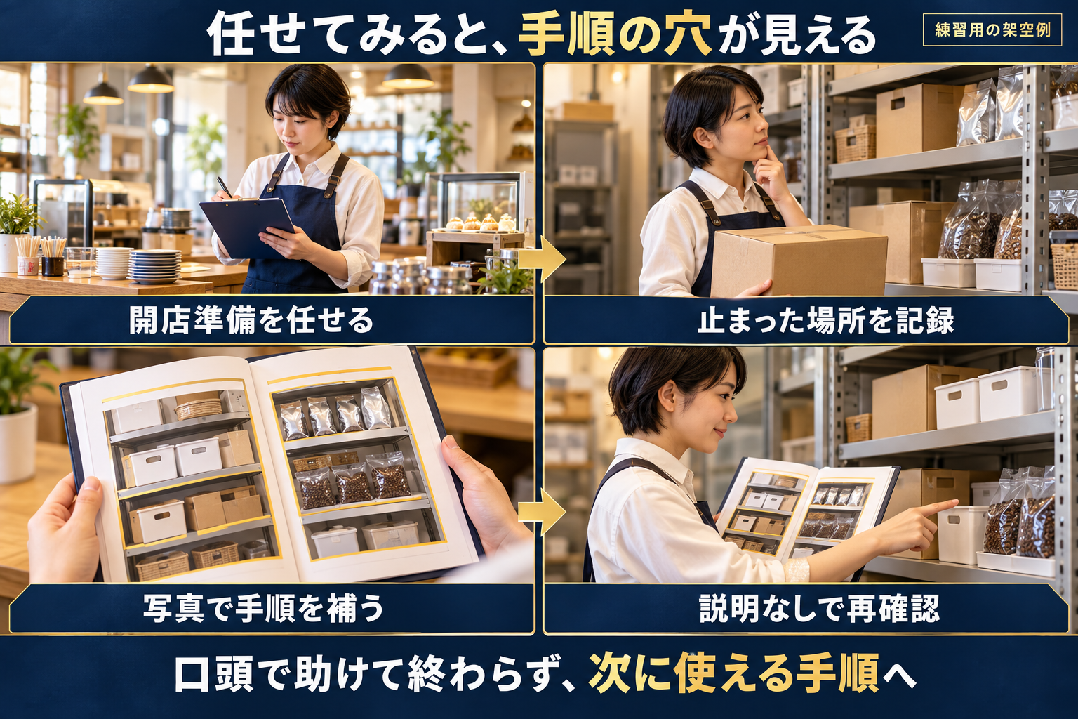 開店準備の記入例。補充で止まった事実、店主が口頭で助けた内容、手順書に追加する写真、修正版での再確認を一続きに記録する。