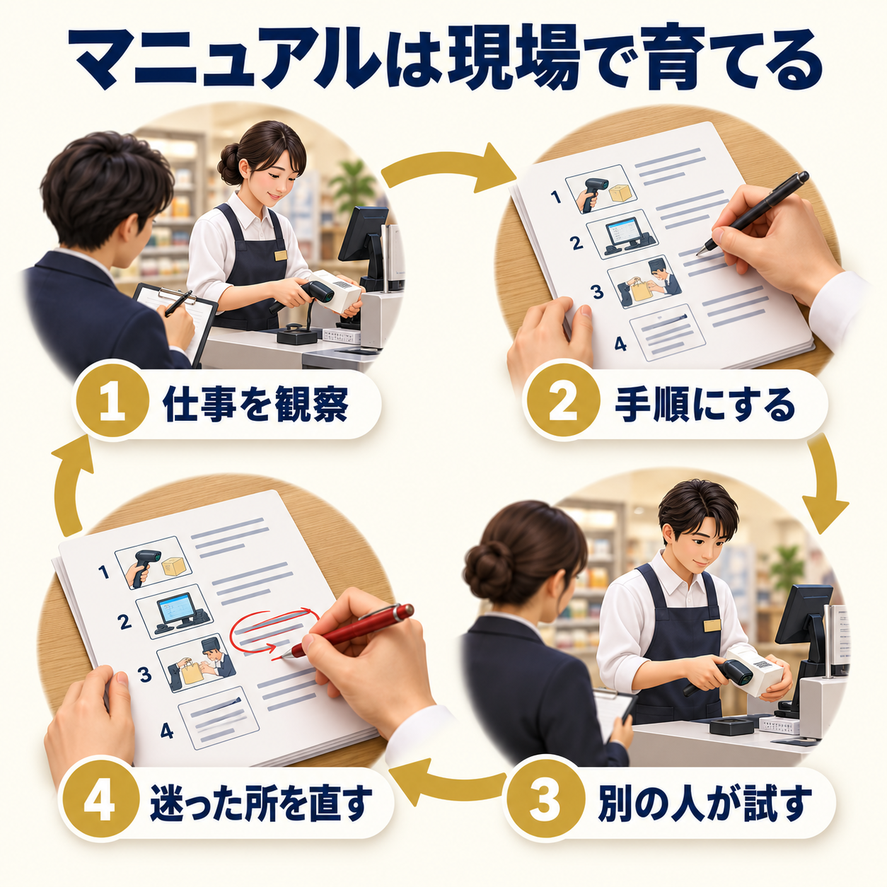 仕事を観察し、手順にまとめ、別の人が試して迷った箇所を直す四つの工程