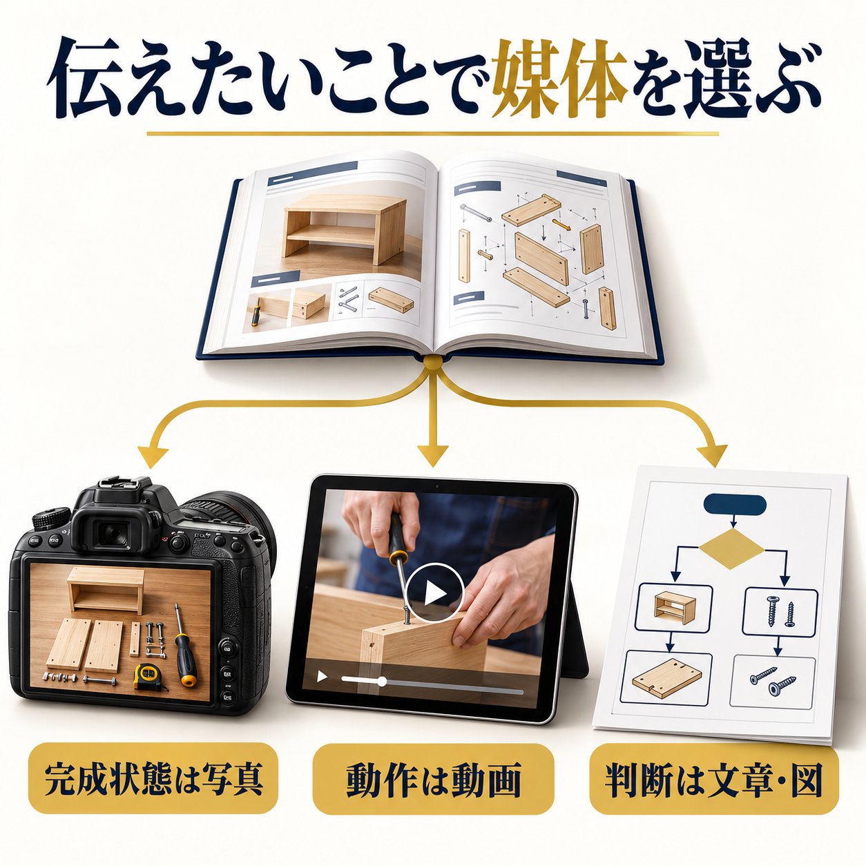 完成状態は写真、動作は動画、判断は文章や図で伝える媒体の使い分け