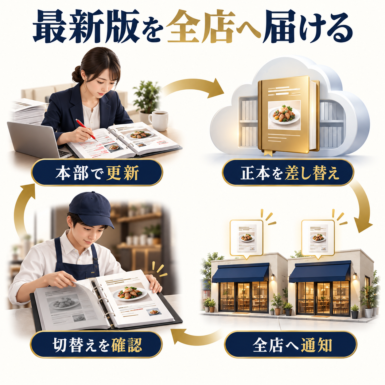本部で更新し、正本を差し替え、全店へ通知して切替えを確認する更新の流れ
