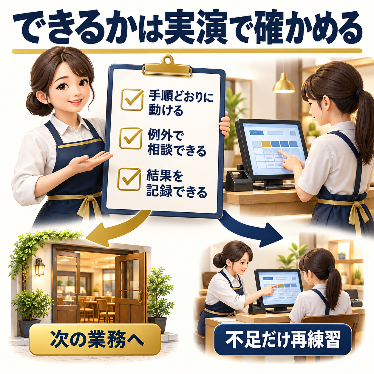 手順、例外時の相談、結果の記録を実演で確認し、不足した部分を再練習する