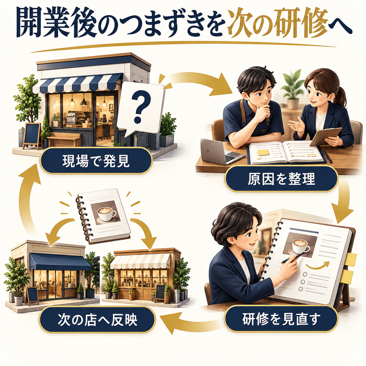 開業後の課題を現場で発見し、原因を整理して研修を見直し次の店舗へ反映する
