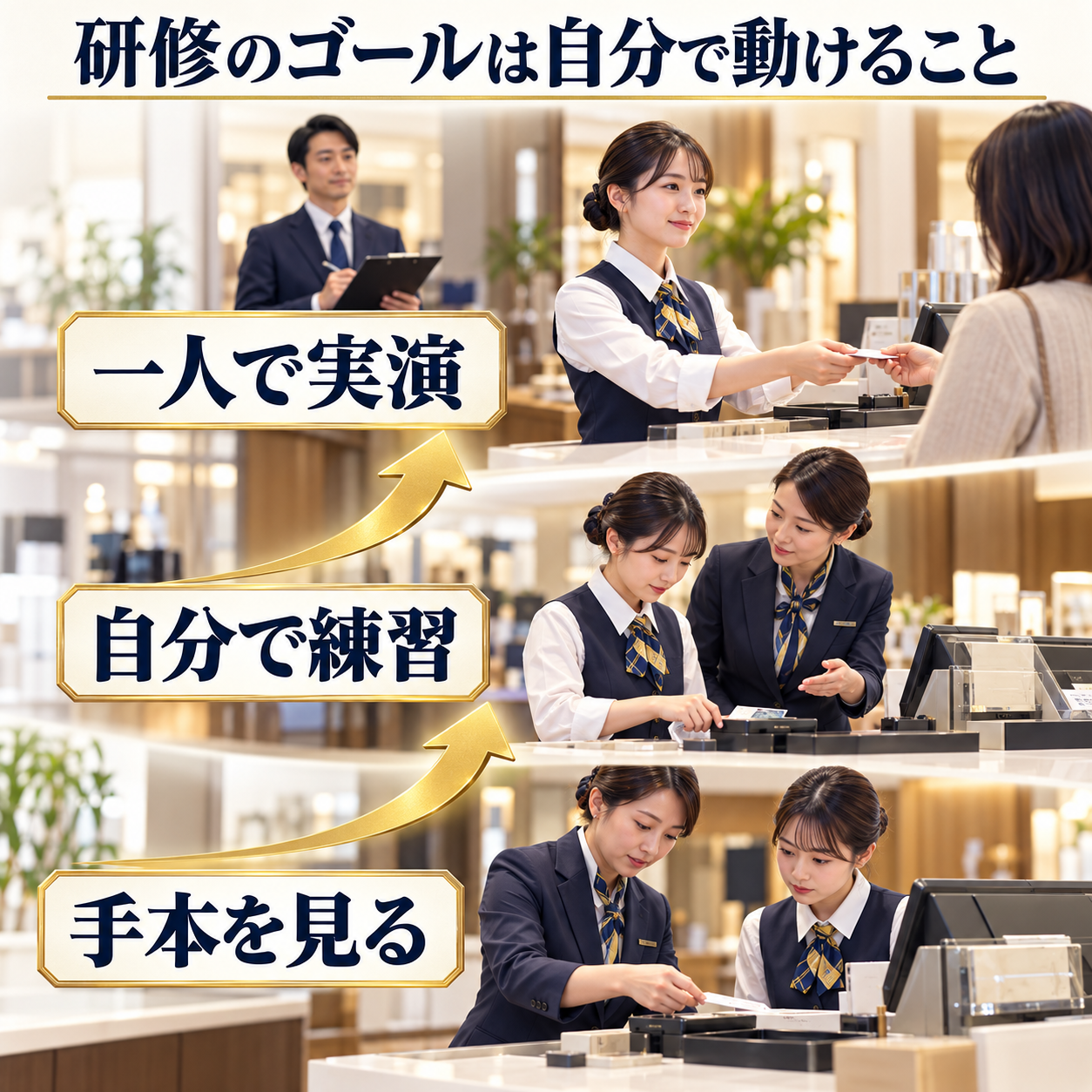 手本を見る、自分で練習する、一人で実演するという加盟店研修の三段階