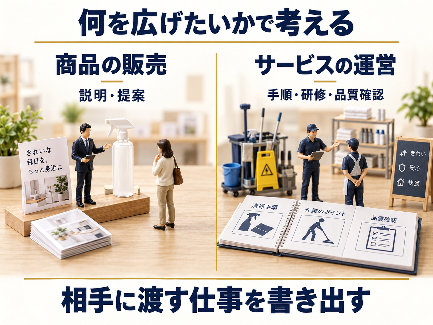 商品を説明して販売する仕事と、研修や品質確認を伴うサービス運営の仕事の比較