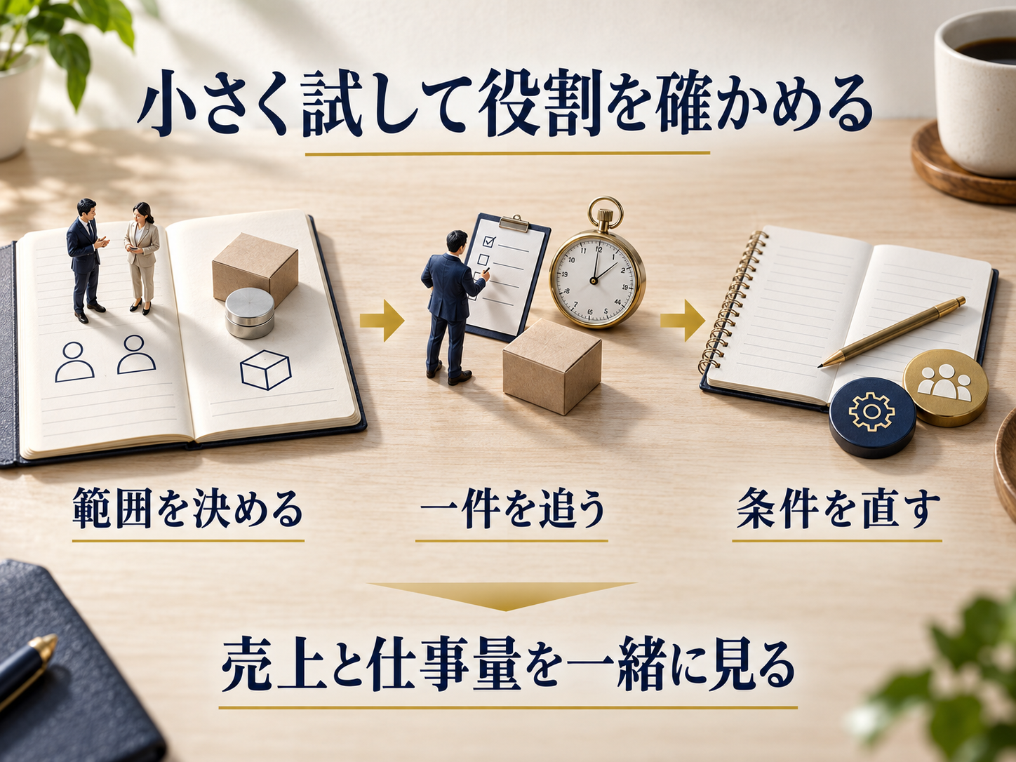 試す範囲を決め、一件の仕事を追い、条件を直す三段階の手順