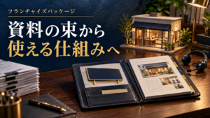 店舗模型と資料を使い、FCパッケージを資料の束から使える仕組みへ整える主題を示す
