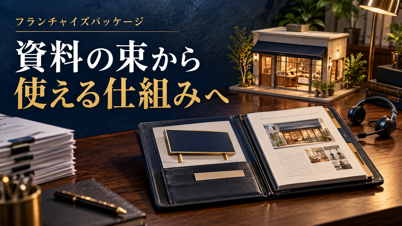 店舗模型と資料を使い、FCパッケージを資料の束から使える仕組みへ整える主題を示す