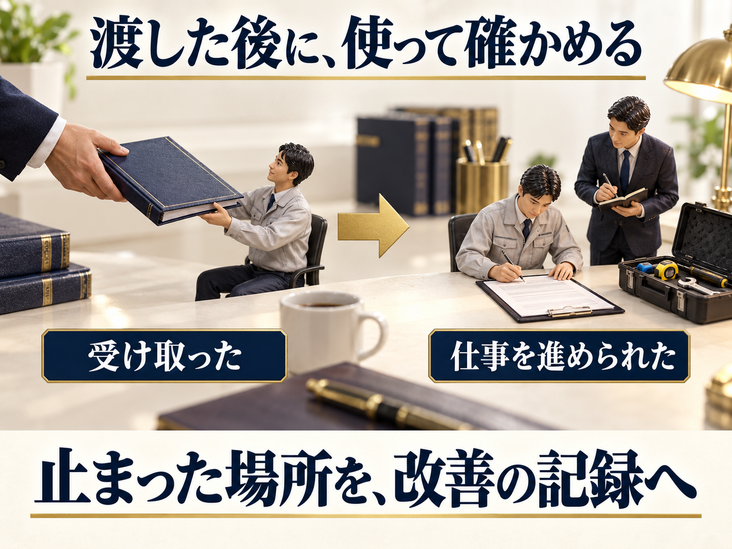 資料を受け取る段階から実際に仕事で使う段階へ進み、止まった場所を記録する流れ