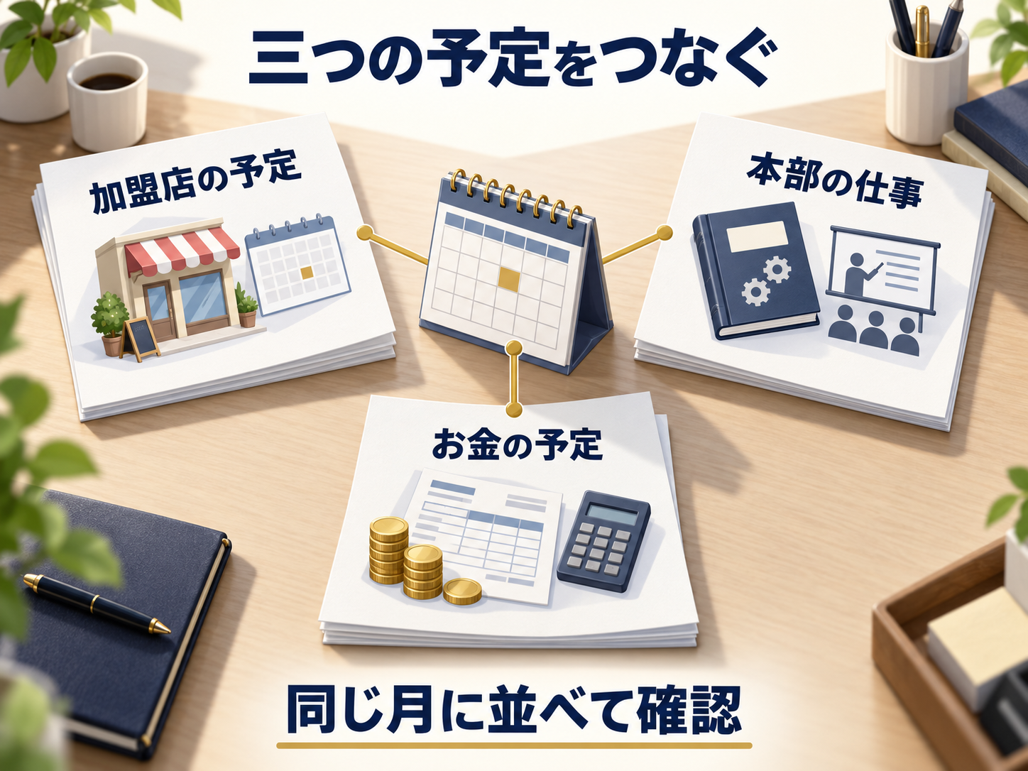 加盟店の予定、本部の仕事、お金の予定を同じ月のカレンダーにつなげる