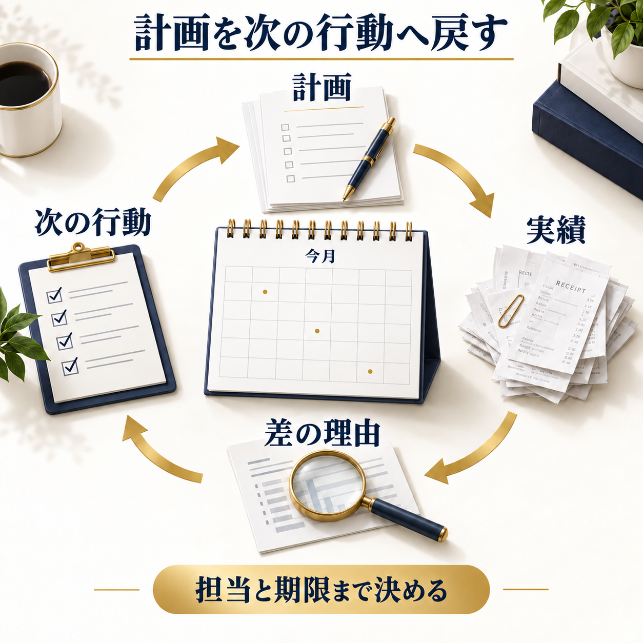 計画と実績の差から理由を確認し、担当と期限を決めた次の行動へ戻す月次の見直し