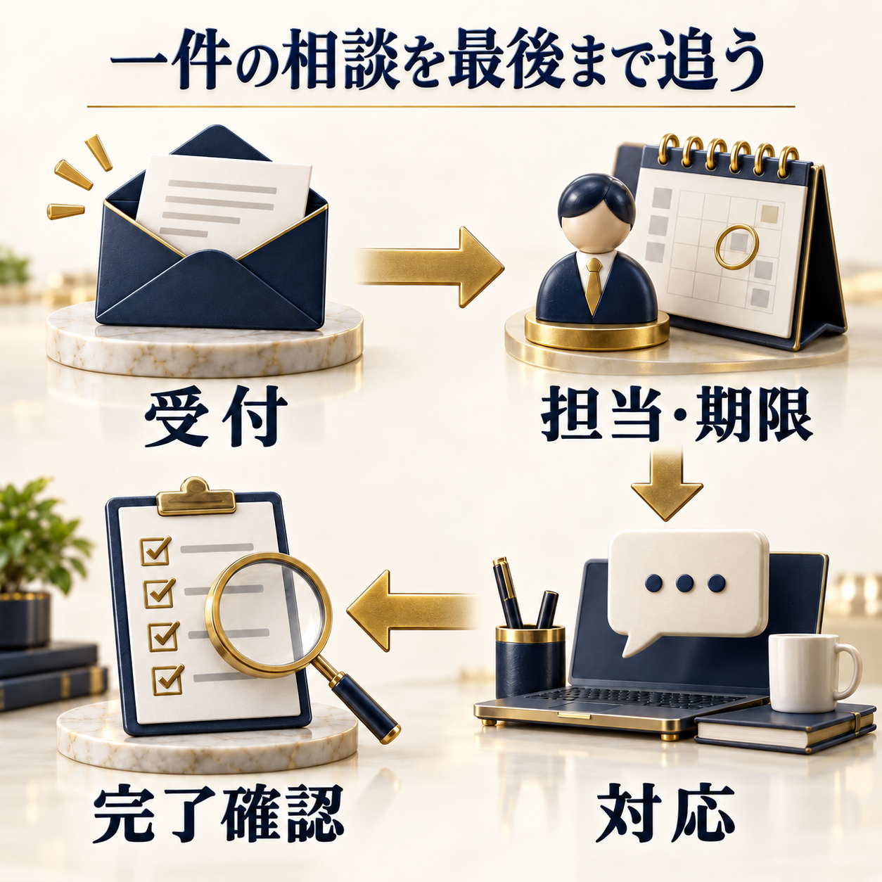 相談の受付から担当と期限の設定、対応、完了確認へ進む四つの工程