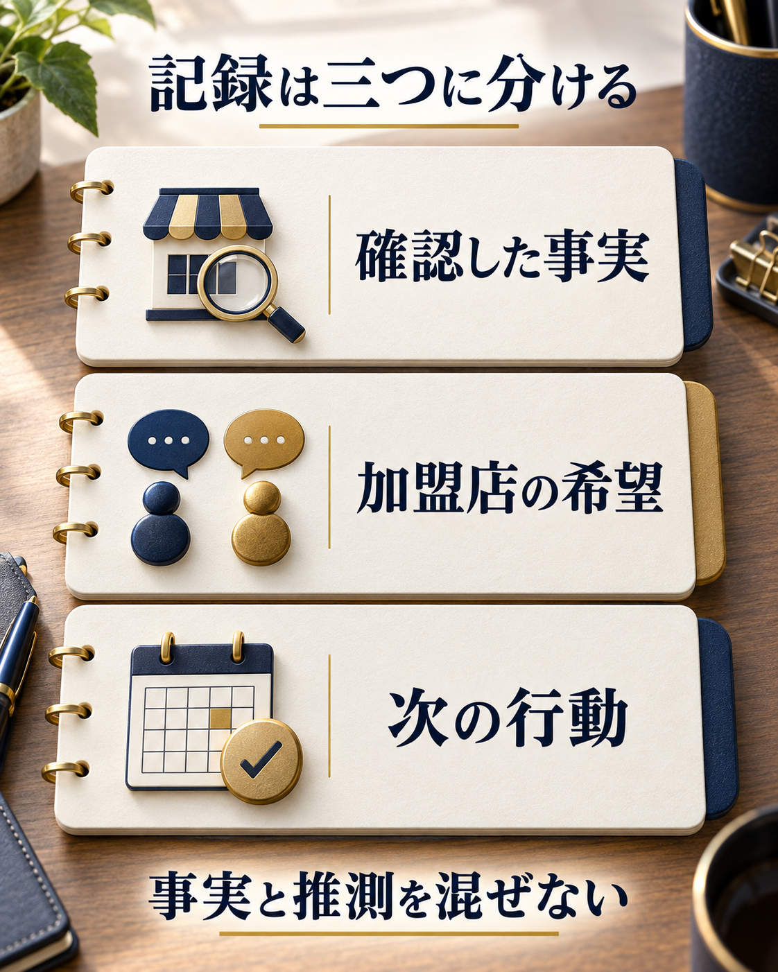 支援記録を確認した事実、加盟店の希望、次の行動の三つに分け、事実と推測を混ぜずに残す